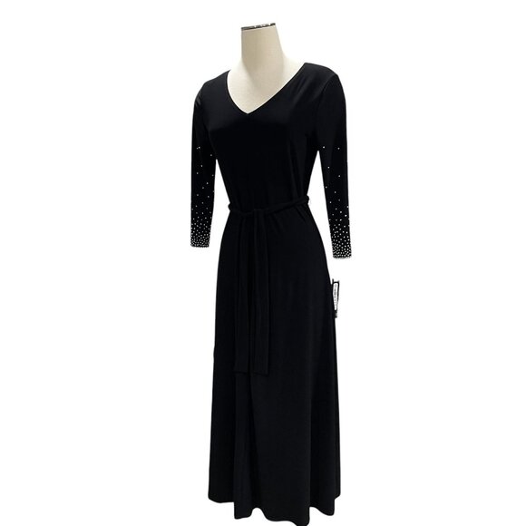Blk Maxi Dress Rhinestone Cuff Sleeves Belted Elegant Formal Long Sleeve Glam S - Picture 8 of 10